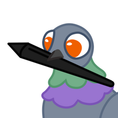 A cartoonish drawing of a pigeon holding a pen for digital art.